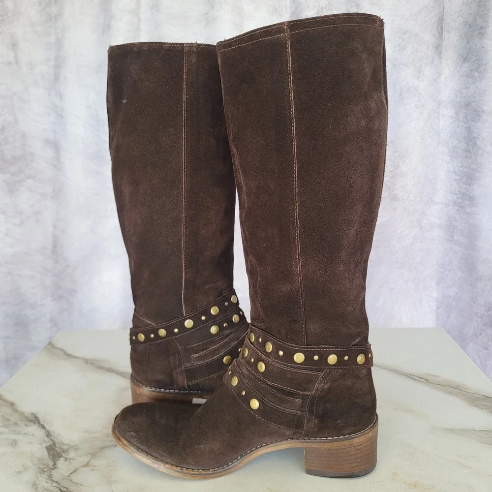 Barneys New York Suede Boots Knee High Biker Women's 36 Studded Buckle